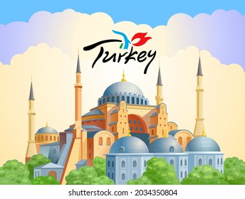 Hagia Sophia domes and minarets in the old city of Istanbul. Landmark of Turkey. Vector illustration