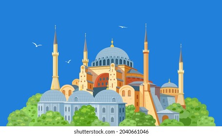 Hagia Sophia domes and minarets in der Altstadt von Istanbul auf blauem Hintergrund. Wahrzeichen der Türkei. Vektorgrafik