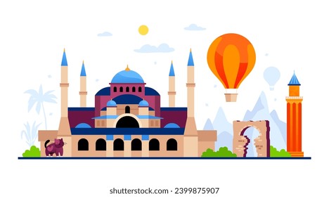 Hagia Sophia Grand Mosque - modern colored vector illustration with islamic attraction. Cathedral in the historical center of Istanbul. Sights of Turkey. Vacation trip and architecture idea