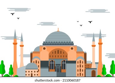hagia sophia iconic place and building in istanbul turkey, flat design with beautiful colors for additional objects