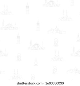 The Hagia Sophia, Ishak Pasha Palac, Double minaret,  Historical Galata Tower. Turkey's famous architecture. Seamless pattern.