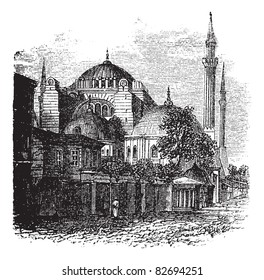 Hagia Sophia in Istanbul, Turkey, during the 1890s, vintage engraving. Old engraved illustration of the Hagia Sophia. Trousset encyclopedia (1886 - 1891).