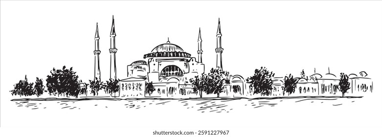 hagia sophia mosque and minarets in sketch style