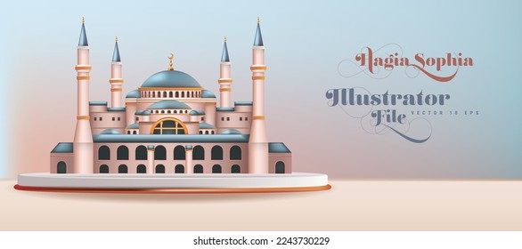The Hagia Sophia, one of the historical architectural wonders that still remains standing. Istanbul Turkey. Islamic decoration background with crescent moon mosque, cartoon style, ramadan kareem.