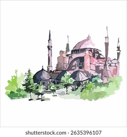 Hagia Sophia in Watercolor, watercolor mosque drawing. Good for book illustration, cover book, postcard, greeting card or poster