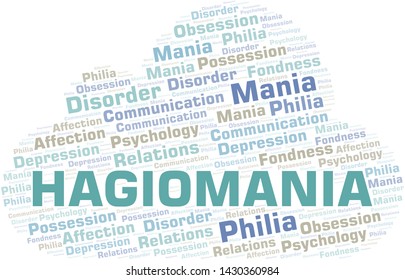 Hagiomania word cloud. Type of mania, made with text only.
