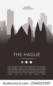 The Hague city template for website, presentation, front page, invitation, publication sheet with skyline, landmarks. Vector Netherlands image layout, simple and grayscale