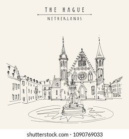 The Hague (Den Haag), Netherlands, Europe. The 13th century Binnenhof (Inner Court) complex of buildings. Dutch heritage site. Travel architecture sketch. Vector hand drawn tourism postcard