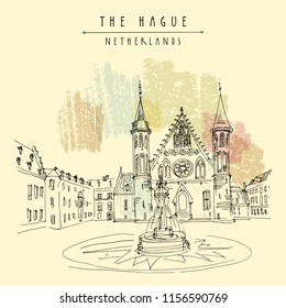 The Hague (Den Haag), Netherlands, Europe. The 13th century Binnenhof (Inner Court) complex of buildings. Dutch heritage site. Travel architecture sketch. Vector hand drawn tourism postcard