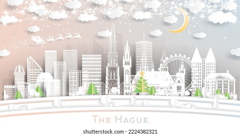 The Hague Netherlands City Skyline in Paper Cut Style with Snowflakes, Moon and Neon Garland. Vector Illustration. Christmas and New Year Concept. Santa Claus on Sleigh. Hague Cityscape Landmarks.