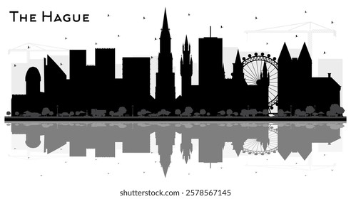 The Hague Netherlands City Skyline Silhouette with Black Buildings and reflections Isolated on White. Tourism Concept with Historic Architecture. Hague Cityscape with Landmarks.