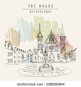 The Hague, Netherlands, Europe. The 13th century Binnenhof (Inner Court) complex of buildings. Dutch heritage site. Travel architecture sketch. Vintage hand drawn tourism postcard. Vector illustration