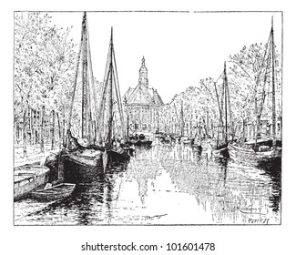 The Hague in the Netherlands, showing a view of the church from the Spui River, vintage engraved illustration. Dictionary of Words and Things - Larive and Fleury - 1895