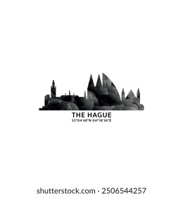 The Hague panorama, vector badge, skyline logo and icon. Netherlands, Holland city horizon logotype with landmarks and building silhouettes. Isolated foggy abstract gradient graphic