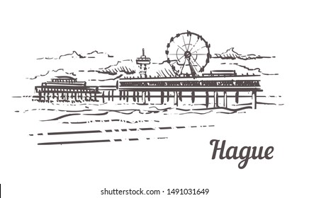 Hague Scheveningen Pier sketch. Hague hand drawn illustration isolated on white background.