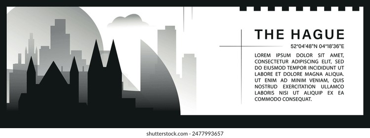 The Hague skyline vector banner, black and white minimalistic cityscape silhouette. Netherlands, Holland city horizontal graphic, travel infographic, monochrome layout for website