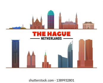 The Hague (The Netherlands) most famous landmarks on white background. Vector Illustration. Business travel and tourism concept with modern buildings. Image for banner or web site