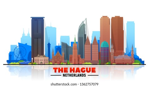 El horizonte de La Haya (Países Bajos) con panorama de fondo blanco. Ilustración vectorial. Concepto de viajes de negocios y turismo con edificios modernos. Imagen para banner o sitio web 