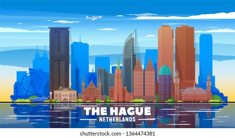 The Hague (The Netherlands) skyline with panorama at sky background. Vector Illustration. Business travel and tourism concept with modern buildings. Image for banner or web site 