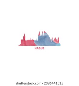 The Hague watercolor cityscape skyline city panorama vector flat modern logo, icon. Netherlands, Holland town emblem concept with landmarks and building silhouettes. Isolated graphic
