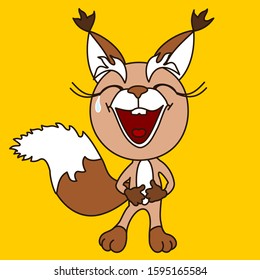 ha-ha emoticon with a funny laughing laugh squirrel that stands and holds on to his stomach from nicker, color emoji on yellow isolated background