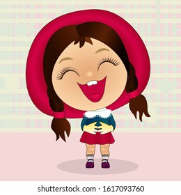 ha-ha emoticon with a funny laughing laugh girl that stands and holds on to his stomach from nicker, vector color emoji on checkered background