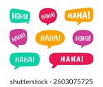 Haha laughing speech bubble, comic sound effect collection. Cute speech balloon text lettering set.
