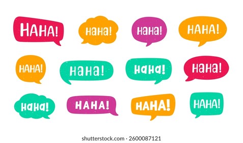 Haha laughing speech bubble, comic sound effect collection. Cute speech balloon text lettering set.