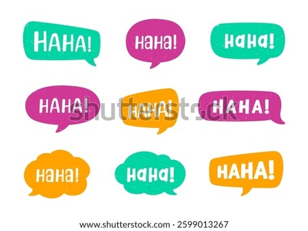 Haha laughing speech bubble, comic sound effect collection. Cute speech balloon text lettering set.