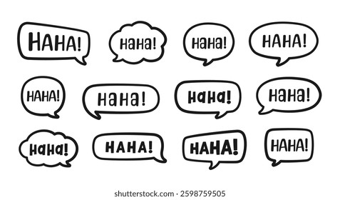 Haha laughing speech bubble sound effect different doodles collection. Cute black text lettering outline line art set vector illustration.