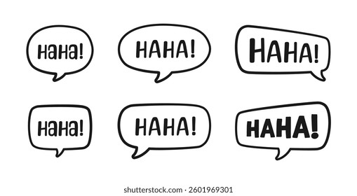 Haha laughing speech bubble sound effect different doodles collection. Cute black text lettering outline line art set vector illustration.