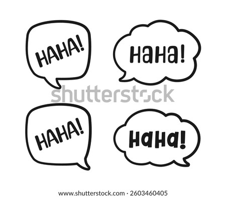 Haha laughing speech bubble sound effect different doodles collection. Cute black text lettering outline line art set vector illustration.