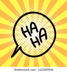 HA-HA. Pop art speech bubble on sun burst background. Vector illustration