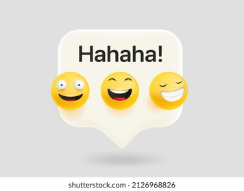 Hahaha concept. Chat bubble with cute emojis. Vector 3d illustration