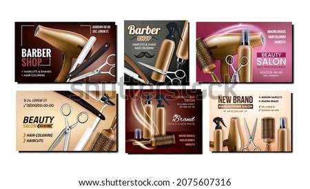 Haidresser Service Promotion Posters Set Vector. Razor And Hair Dryer, Comb And Scissors Barber Shop Hairdresser Equipment Advertising Banners. Style Concept Template Illustrations