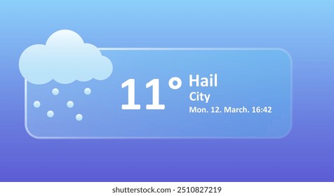 Hail 11 Degrees Celsius weather forecast, date, city location. Snowflake, overcast, thunderstorm, wind speed, air, precipitation, temperature, atmospheric pressure, Fahrenheit, ice. Glassmorphism