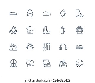 Hail, Chalet, Logs, Snowy, Winter clothes, Ice skate, Themos Flask, Ski Equiptment, snowy Mountain, Winter, Igloo outline vector icons from 20 set