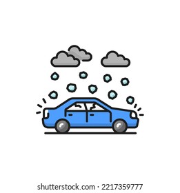 Hail damage isolated insurance and car accident color line icon. Vector hail on car, clouds and falling heavy snow, damaged vehicle