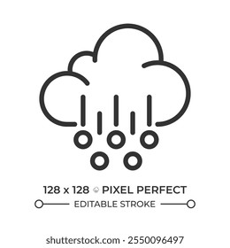 Icono lineal de granizo. Tormentas de granizo y condiciones extremas de Clima. Precipitación helada. Predicción de Clima. Meteorología. Ilustración de línea delgada. Símbolo de contorno. Dibujo de contorno de Vector. Trazo editable