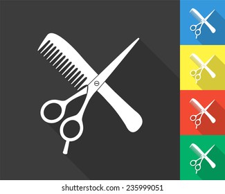 hail salon with scissors and comb icon - gray and colored (blue, yellow, red, green) vector illustration with long shadow