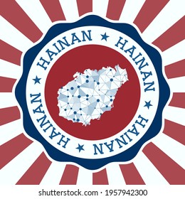 Hainan Badge. Round logo of island with triangular mesh map and radial rays. EPS10 Vector.