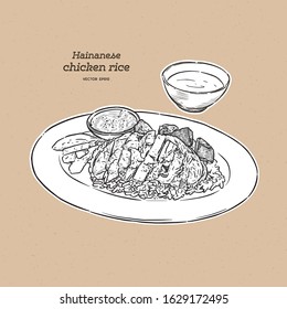 Hainan chicken rice and sauce   soup  hand draw sketch vector 