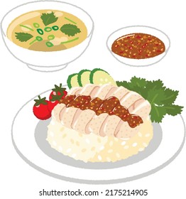 Hainan chicken rice. It is a street food of Southeast Asia such as Malaysia, Singapore and Thailand.