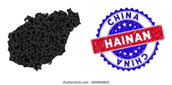 Hainan Island map polygonal mesh with filled triangles, and rubber bicolor stamp seal. Triangle mosaic Hainan Island map with mesh vector model, triangles have different sizes, and positions,