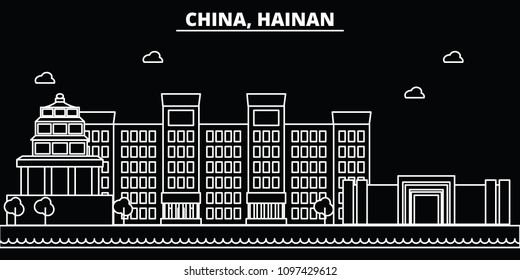 Hainan silhouette skyline. China - Hainan vector city, chinese linear architecture, buildings. Hainan line travel illustration, landmarks. China flat icon, chinese outline design banner