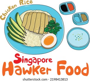 Hainanese chicken rice is a popular Singapore hawker dish that's served with poached chicken and seasoned rice with cucumber garnishes. Optionally you may add stewed soy sauce egg.