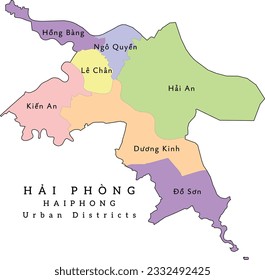 Haiphong (Hải Phòng) municipality of Vietnam administrative divisions map by Urban Districts. Clored. Vectored. Bright colors