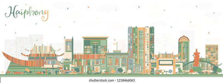 Línea aérea de Haiphong Vietnam con edificios de color. Ilustración vectorial. Concepto de viajes de negocios y turismo con arquitectura histórica. Paisaje urbano de Haiphong con puntos de referencia.