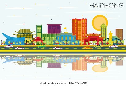 Línea aérea de Haiphong Vietnam City con edificios de color, cielo azul y reflexiones. Ilustración vectorial. Concepto de viajes de negocios y turismo con arquitectura histórica. Paisaje urbano de Haiphong con puntos de referencia.