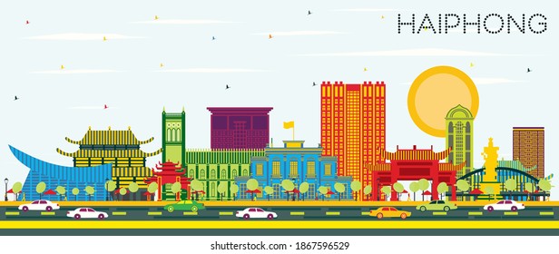 Línea aérea de Haiphong Vietnam City con edificios de color y cielo azul. Ilustración vectorial. Concepto de viajes de negocios y turismo con arquitectura histórica. Paisaje urbano de Haiphong con puntos de referencia.